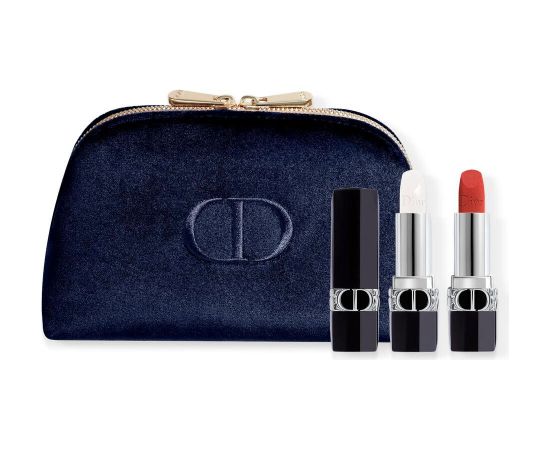 Set Christian Dior: Couture Colour, Velvet, Cream Lipstick, 720, Icone, Refillable, 3.5 ml + Couture Colour, Lip Balm, 000, Diornatural, Refill, 3.5 g + Textile Makeup Bag, Blue Dekoratīvā kosmētika