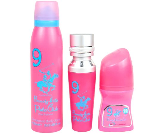 Set Beverly Hills Polo Club: No. 9, Eau De Parfum, For Women, 50 ml + No. 9, Anti-Perspirant, Deodorant Roll-On, For Women, 50 ml + 1982 - Sport 9, Freshness, Body Spray, 150 ml Dāvanu komplekti