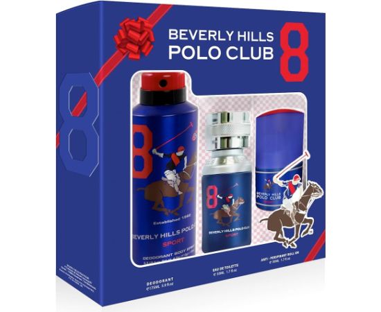 Set Beverly Hills Polo Club: 1982 - Sport 8, Eau De Toilette, For Men, 50 ml + 1982 - Sport 8, Anti-Perspirant, Deodorant Spray, For Men, 175 ml + 1982 - Sport 8, Anti-Perspirant, Deodorant Roll-On, For Men, 50 ml Dāvanu komplekti