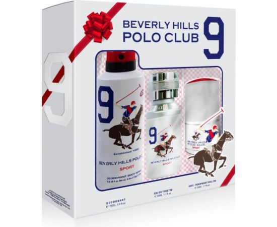 Set Beverly Hills Polo Club: 1982 - Sport 9, Eau De Toilette, For Men, 50 ml + 1982 - Sport 9, Anti-Perspirant, Deodorant Spray, For Men, 175 ml + 1982 - Sport 9, Anti-Perspirant, Deodorant Roll-On, For Men, 50 ml Dāvanu komplekti