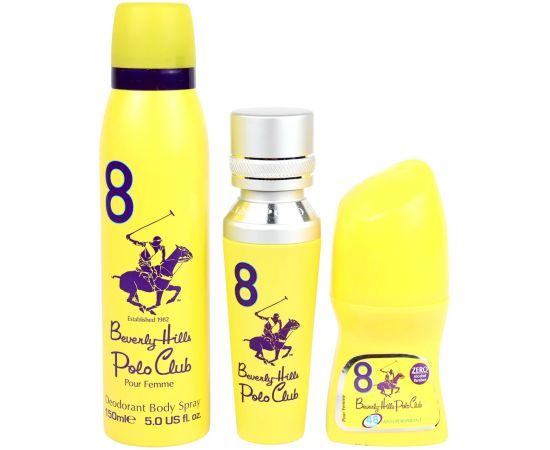 Set Beverly Hills Polo Club: 1982 - Sport 8, Eau De Parfum, For Women, 50 ml + 1982 - Sport 8, Freshness, Body Spray, 150 ml + No.8, Anti-Perspirant, Deodorant Roll-On, For Women, 50 ml Dāvanu komplekti