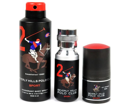Set Beverly Hills Polo Club: 1982 - Sport 2, Eau De Toilette, For Men, 50 ml + 1982 - Sport 2, Anti-Perspirant, Deodorant Spray, For Men, 175 ml + Sport 2, Anti-Perspirant, Deodorant Roll-On, For Men, 50 ml Dāvanu komplekti