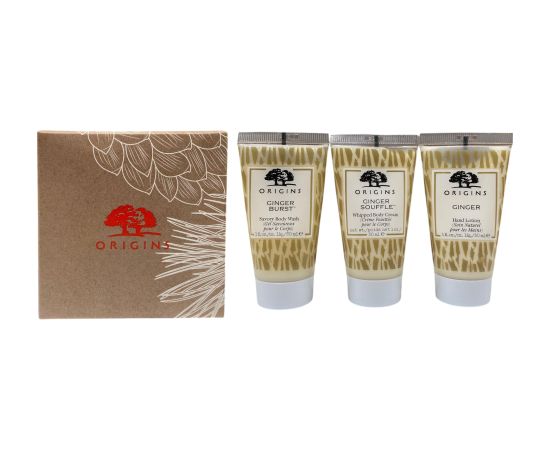 Gift Set Origins: Origins, Body Wash, 30 ml + Ginger, Nourishing, Hand Lotion, 30 ml + Ginger Souffle, Nourishing, Body Cream, 30 ml Dāvanu komplekti