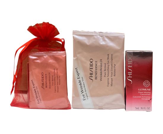 Eye2Eye Set Shiseido: Ultimune Power Infusing, Energising, Serum, For Face, 5 ml + Benefiance WrinkleResist24, Retinol, Smoothing, Under-Eye Mask Patch, 2 x 12 pcs Dāvanu komplekti
