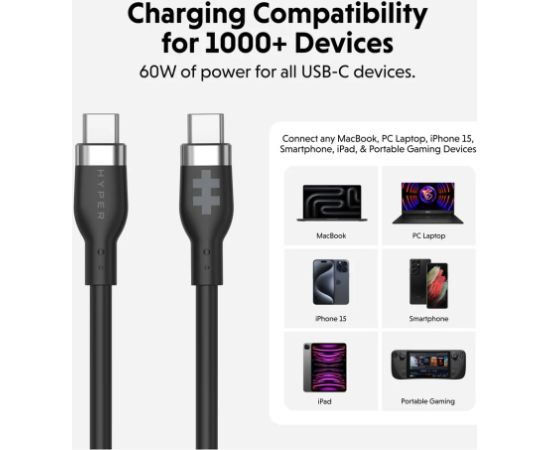 Hyper HyperJuice USB-C Silicone Charging Cable HJ4011BKGL Data USB kabeļi