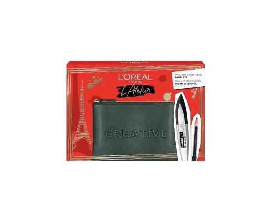 Atelier Kit Set L'Oreal Paris: Bambi Eye, Lash Defining, Mascara, Extra Black, 8.9 ml + Paradise, Kajal Eye Pencil, 1.2 g + Textile Makeup Bag, Black Dekoratīvā kosmētika