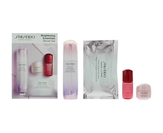 Set Shiseido: Brightening Essentials, Pigment-Correcting, Serum, For Face, 50 ml + Brightening Essentials, Hydrating, Serum, For Face, 10 ml *Miniature + Brightening Essentials, Hydrating, Gel Cream, For Face & Neck, 15 ml + Brightening Essentials, Hydrat Dāvanu komplekti