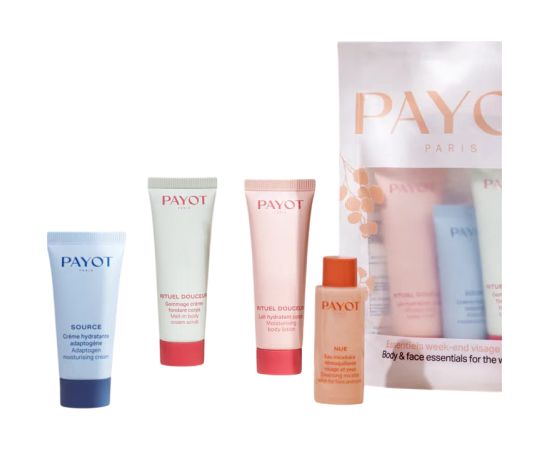 Discovery Kit Set Payot: Rituel Douceur, Eliminates Impurities, Exfoliating Cream, 20 ml + Source Adaptogen, Natural Ingredients, Hydrating 48H, Morning & Evening, Cream, For Face, 15 ml + Rituel Douceur, Hydrates, Body Lotion, Body, 25 ml + Nue, Cleansin Dāvanu komplekti