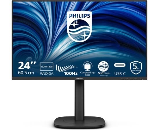 Monitors Philips 24B2N3200D - 3000 Series - LED- 61.13 cm (24") - 1920 x 1200 WUXGA @ 100 Hz - IPS - 300 cd/m2 - 1500:1 - 4 ms - HDMI, VGA, DisplayPort Jaunumi - Datori