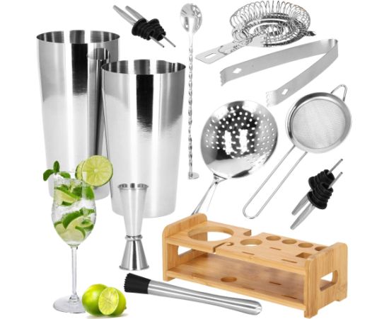 Bārmeņa komplekts šeikeris tin tin statīvs Springos KI0011 14 gab. sudraba Citi virtuves piederumi