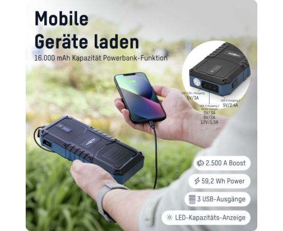 Powerbank / auto starteris 600A/2500A 59.2Wh IP65 USB-A/USB-C 15W Jump Starter 16.0 ANSMANN Power-банки