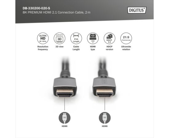 Digitus 8K HDMI Ultra High Speed Connection Cable DB-330200-020-S 2 m  Кабель HDMI