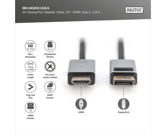 Digitus 4K DisplayPort Adapter Cable, DP - HDMI Type A DB-340202-018-S 1.8 m  Кабель HDMI