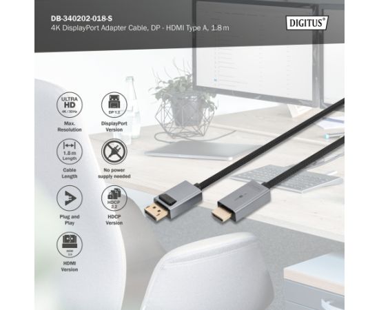 Digitus 4K DisplayPort Adapter Cable, DP - HDMI Type A DB-340202-018-S 1.8 m  Кабель HDMI