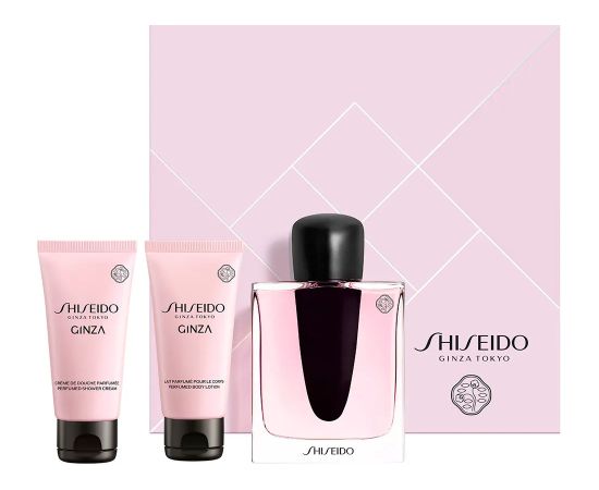 Set Shiseido: Ginza, Eau De Parfum, For Women, 50 ml + Ginza, Moisturizing, Body Lotion, 50 ml + Ginza, Cleansing, Shower Gel, For All Skin Types, 50 ml Dāvanu komplekti
