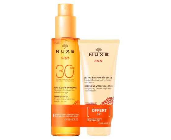 Set Nuxe: Sun, Anti-Ageing, Tanning Oil, SPF 30, 150 ml + Sun, Refreshing, After-Sun Lotion, 100 ml Dāvanu komplekti