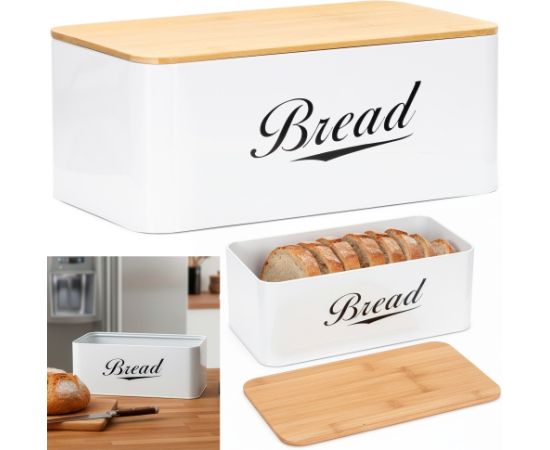 Springos Metāla maizes kaste 33x18x14 cm, slēgta maizes kaste, bambusa dēlis, balta Priekšnama mēbeles