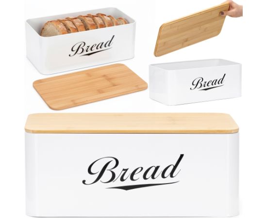 Springos Metāla maizes kaste 33x18x14 cm, slēgta maizes kaste, bambusa dēlis, balta Priekšnama mēbeles