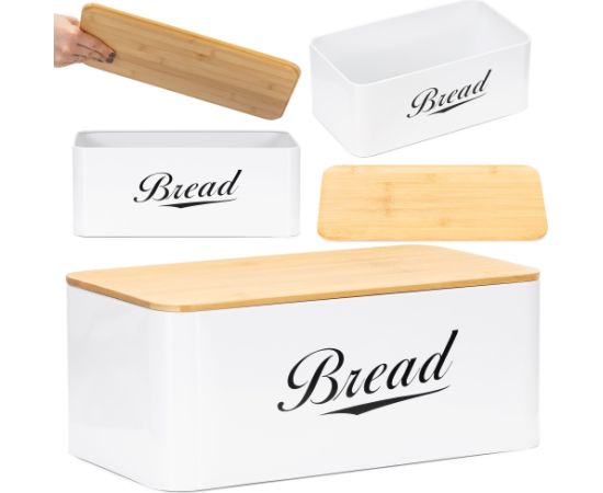 Springos Metāla maizes kaste 33x18x14 cm, slēgta maizes kaste, bambusa dēlis, balta Priekšnama mēbeles