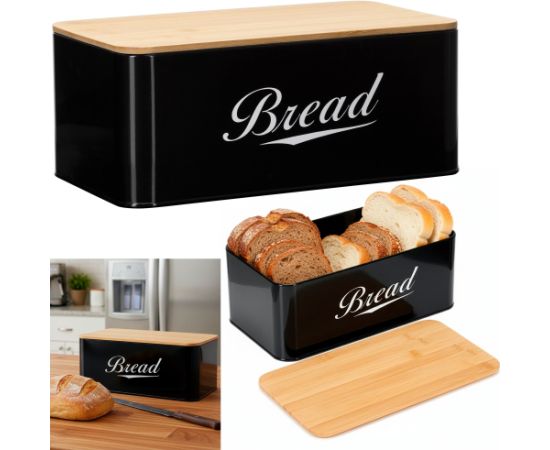 Springos Metāla maizes kaste 33x18x14 cm, slēgta maizes kaste, bambusa dēlis, melna Priekšnama mēbeles