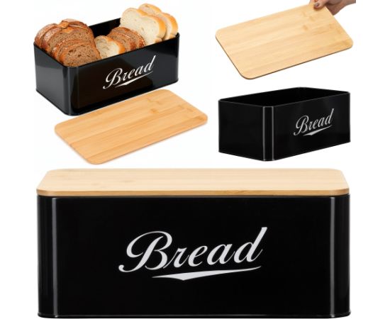 Springos Metāla maizes kaste 33x18x14 cm, slēgta maizes kaste, bambusa dēlis, melna Priekšnama mēbeles