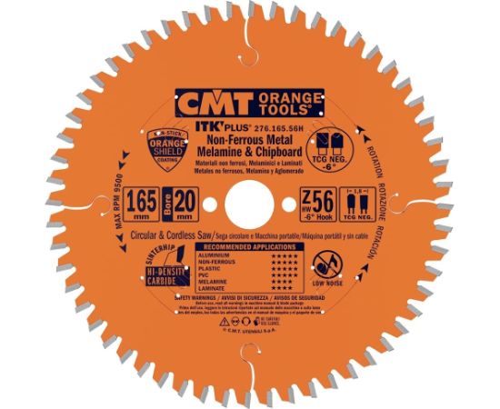Griešanas disks alumīnijam CMT 276; 165x1.8x20; Z56; -6° Zāģripas