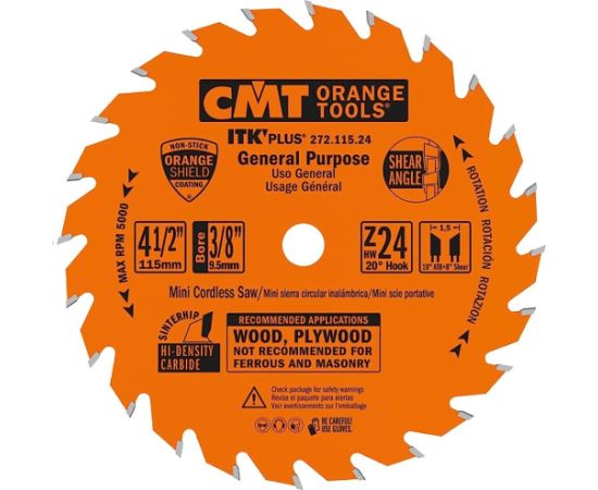Griešanas disks kokam CMT ITK-Plus® 271; 115x1,5x9,5; Z24; 20° Zāģripas