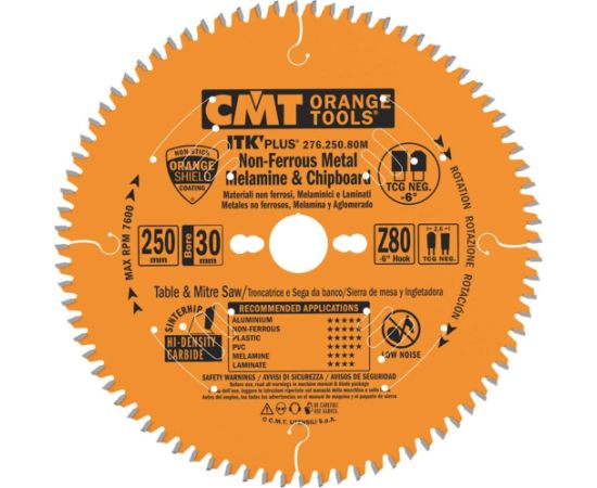 Griešanas disks alumīnijam CMT 276; 250x2,6x30; Z80; -6° Zāģripas