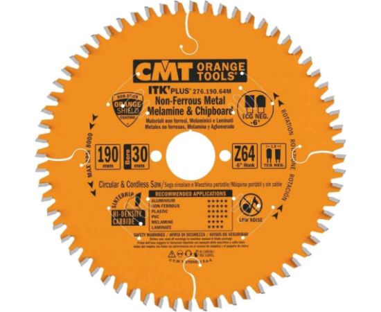 Griešanas disks alumīnijam CMT 276; 190x1,8x30; Z64; -6° Zāģripas