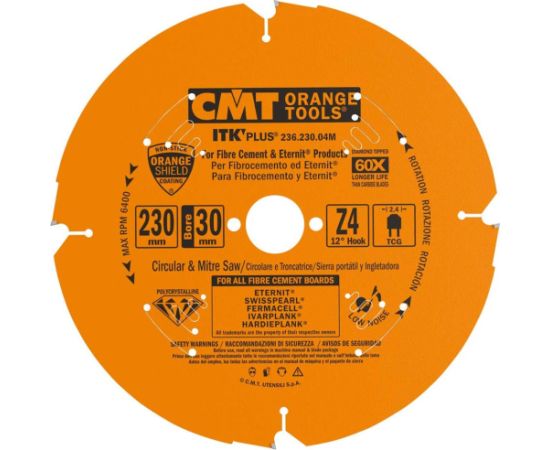 Griešanas disks šķiedru cementam CMT 236; 230x2,4x30; Z4; 12° Zāģripas