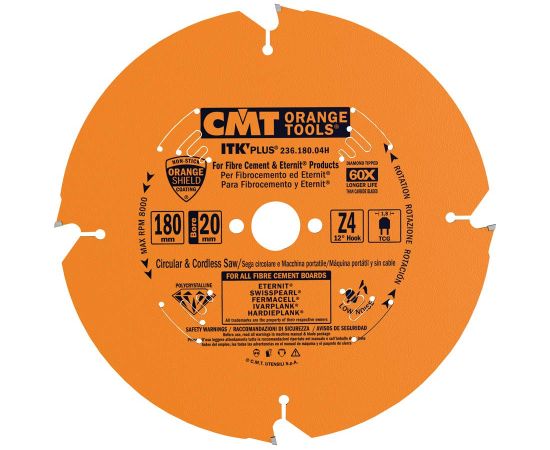Griešanas disks šķiedru cementam CMT 236; 180x2.4x20; Z4; 12° Zāģripas