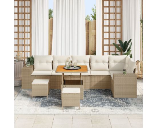 vidaXL Zestaw sofogardowych - 9 elementów z poduszkami beżowymi i polirattanem akacjowym Dārza mēbeļu komplekti