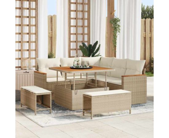 vidaXL Zestaw Sof ogrodowych w 8 częściach z poduszkami, beżowy, rattan oraz akacja. Dārza mēbeļu komplekti