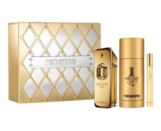 Set Paco Rabanne: Million Gold, Eau De Parfum, For Men, 100 ml + Million Gold, Eau De Parfum, For Men, 10 ml + 1 Million, Anti-Perspirant, Deodorant Spray, For Men, 150 ml Dāvanu komplekti