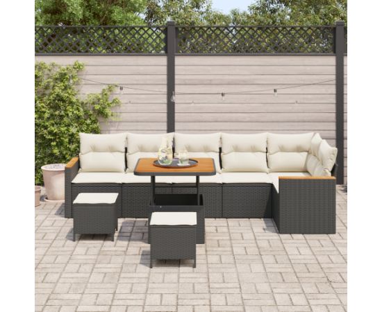 Zestaw sofy ogrodowej vidaXL 9 elementów z poduszkami czarny polirattan akacja Dārza mēbeļu komplekti