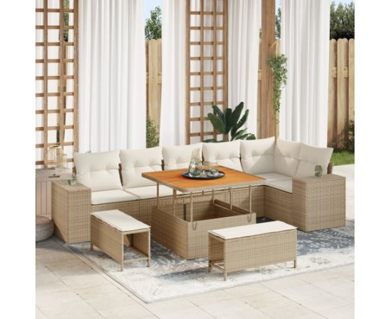 Zestaw Sof Ogrodowych vidaXL 9 elementowy z poduszkami Beżowy Polirattan Akacja Dārza mēbeļu komplekti