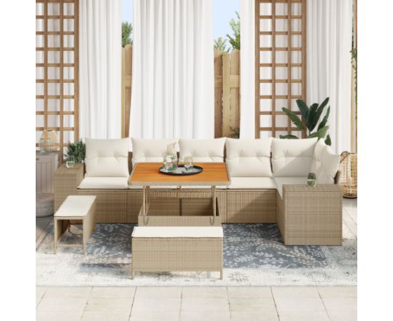 Zestaw Sof Ogrodowych vidaXL 9 elementowy z poduszkami Beżowy Polirattan Akacja Dārza mēbeļu komplekti