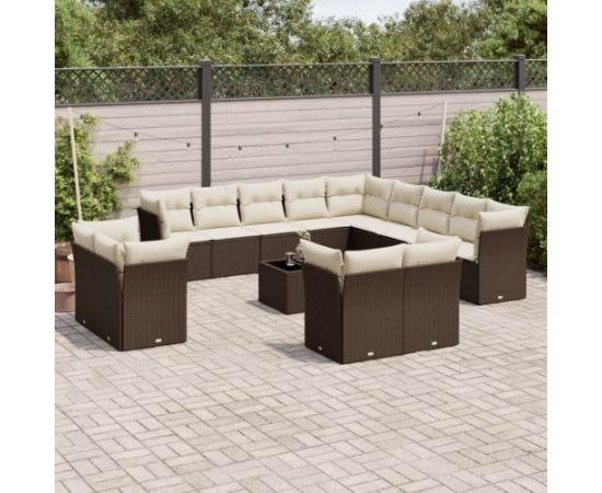 vidaXL 14-cz. zestaw mebli ogrodowych z poduszkami, brązowy polirattan Dārza mēbeļu komplekti