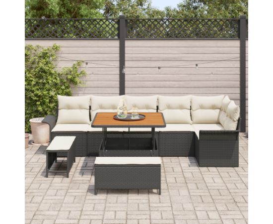 vidaXL 9-elementowy zestaw kanapowy do ogrodu z poduszkami Czarny Polirattan Akacja Dārza mēbeļu komplekti