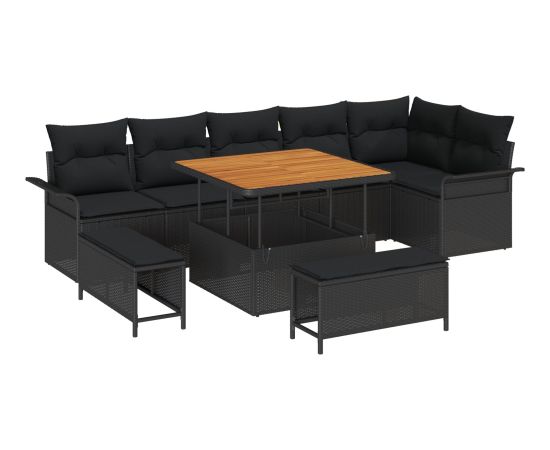 vidaXL 9-częściowy zestaw sof ogrodowych z poduszkami czarny polirattan akacja Dārza mēbeļu komplekti