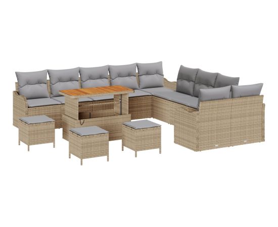 Zestaw kanap ogrodowych vidaXL 14 elementów z poduszkami beżowy polirattan akacja Dārza mēbeļu komplekti