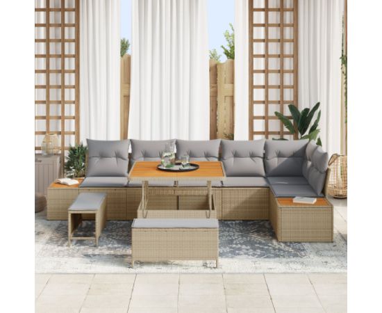 vidaXL 9-elementowy zestaw sof ogrodowych z poduszkami, beżowy, poli rattan, akacja Dārza mēbeļu komplekti
