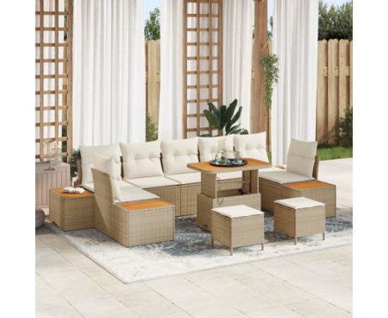 vidaXL Zestaw sof ogrodowych 10-elementowy z poduszkami Beżowy Polirattan Akacja Dārza mēbeļu komplekti