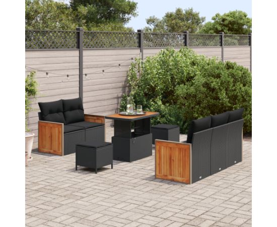 vidaXL 8-elementowy zestaw sofy ogrodowej z poduszkami czarny poli rattan akacja Dārza mēbeļu komplekti