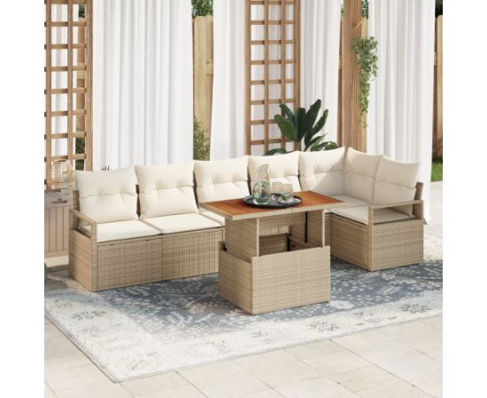 Vidaxl Zestaw 7-częściowy sof ogrodowych z poduszkami Beżowy Poli Rattan Dārza mēbeļu komplekti