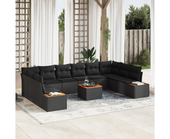 vidaXL 11-elementowy zestaw sofy ogrodowej z poduszkami czarny polirattan akacja Dārza mēbeļu komplekti