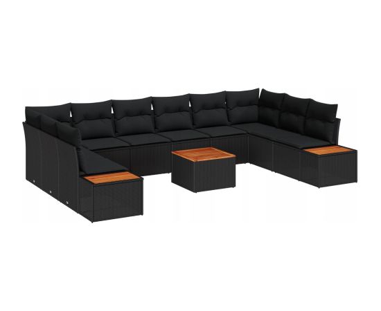 vidaXL 11-elementowy zestaw sofy ogrodowej z poduszkami czarny polirattan akacja Dārza mēbeļu komplekti