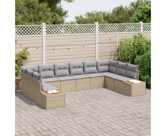 Zestaw 10-częściowych sof ogrodowych vidaXL z poduszkami Beżowy Polirattan Akacja Dārza mēbeļu komplekti
