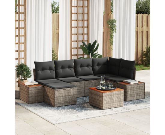 vidaXL 7-elementowy zestaw sof ogrodowych z poduszkami Szary Poli Rattan Akacja Dārza mēbeļu komplekti