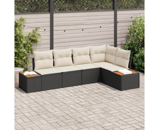 vidaXL Zestaw sof ogrodowych 5-częściowych z poduszkami - Czarny polirattan i akacja Dārza mēbeļu komplekti